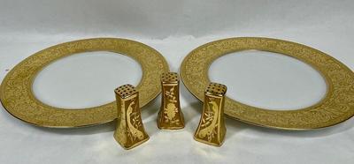 Gold border plates and gold porcelain salt