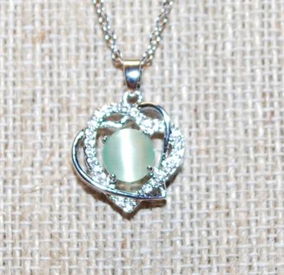 Entangled Hearts PENDANT (¾" x ¾") with Iridescent Green Center Stone on a Silver Tone Necklace Chain 18" L
