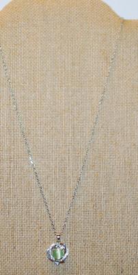 Entangled Hearts PENDANT (¾" x ¾") with Iridescent Green Center Stone on a Silver Tone Necklace Chain 18" L