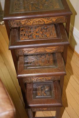 JAPAMESE DEEP CARVED NESTING TABLES FOUR TABLES W/ DEEP CARVINGS