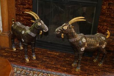 PAIR OF JAPANESE CLOISSONE' BRASS HORNED GOATS FIGURINES OF 2FT IN HEIGHT.