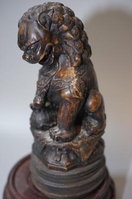 ANTIQUE CARVED WOOD CHINESE FOO LION ON PEDESTAL 8"