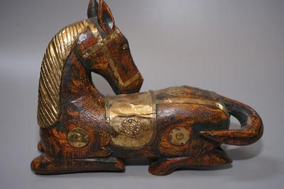 DECORATIVE WOODEN CARVED HORSE WITH APPLIED BRASS EMBELLISHMENTS