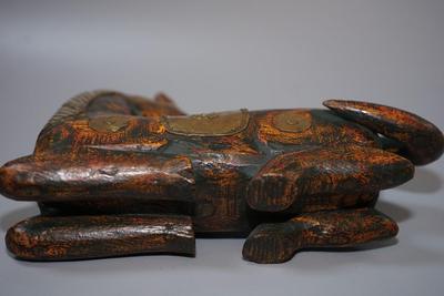 DECORATIVE WOODEN CARVED HORSE WITH APPLIED BRASS EMBELLISHMENTS