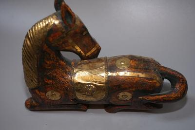 DECORATIVE WOODEN CARVED HORSE WITH APPLIED BRASS EMBELLISHMENTS