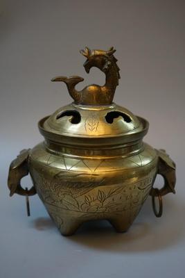 CHINESE VINTAGE BRASS CENSOR WITH DRAGON FINIAL AND ELEPHANT RING HANDLES. ENGRAVED