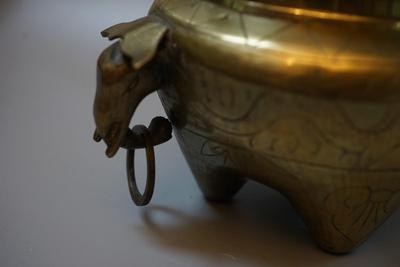 CHINESE VINTAGE BRASS CENSOR WITH DRAGON FINIAL AND ELEPHANT RING HANDLES. ENGRAVED
