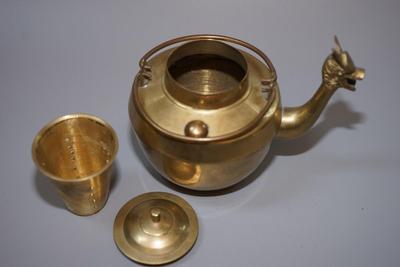 VINTAGE CHINESE BRASS TEA KETTLE / WITH LEAF HOLDING INSERT, DOUBLE RING HANDLE DRAGON SPOUT.