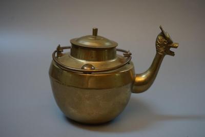 VINTAGE CHINESE BRASS TEA KETTLE / WITH LEAF HOLDING INSERT, DOUBLE RING HANDLE DRAGON SPOUT.