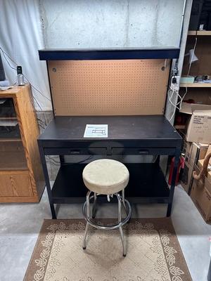 WORKBENCH WITH PEGBOARD BACK AND STOOL TOO