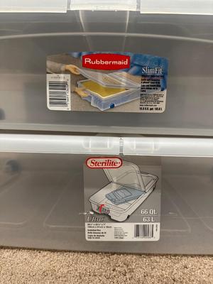2 UNDER THE BED STORAGE W/WHEELS AND A LARGE STORAGE TOTE