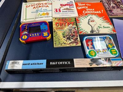 CHILDREN'S BOOKS AND 2 HAND HELD GAMES