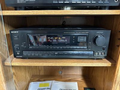 SONY AM/FM STEREO RECEIVER & DISC PLAYER W/REALISTIC SPEAKERS PLUS STEREO CABINET