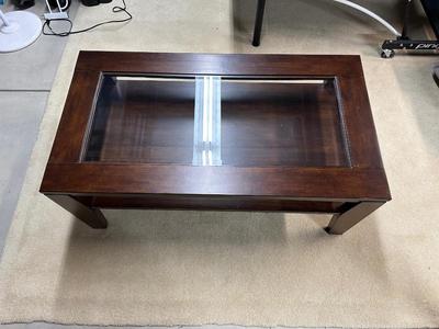 2 TIER WOOD FRAMED COFFEE TABLE WITH GLASS PANEL TOP