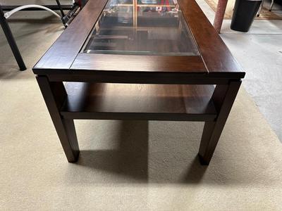 2 TIER WOOD FRAMED COFFEE TABLE WITH GLASS PANEL TOP