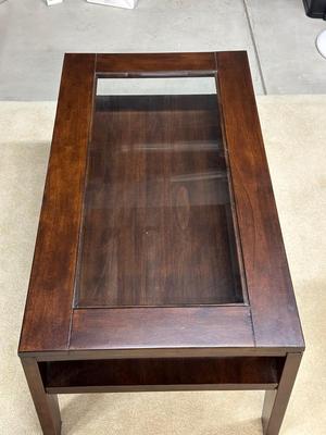 2 TIER WOOD FRAMED COFFEE TABLE WITH GLASS PANEL TOP