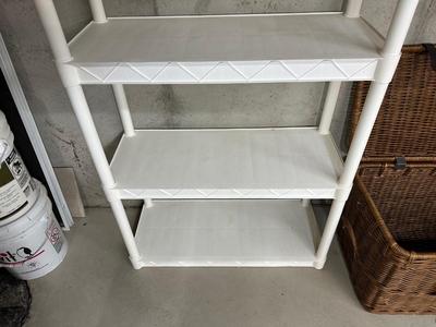 PLASTIC STORAGE SHELF AND WICKER CHEST