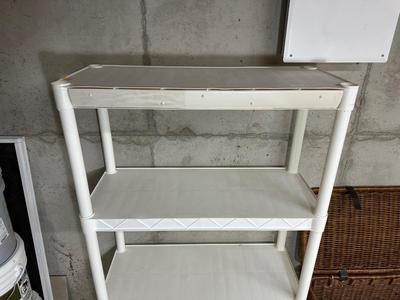 PLASTIC STORAGE SHELF AND WICKER CHEST