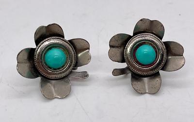 four Leaf clover Earrings Silver & turquoise unmarked