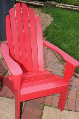 PAIR OF RED WOOD ANIRONDACK PATIO CHAIRS.