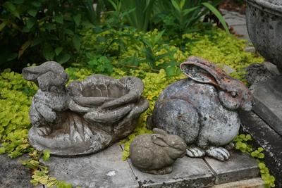 GROUPING OF THREE GARDEN RABBITS. TWO CEMENT AND ONE TERRA COTTA.
