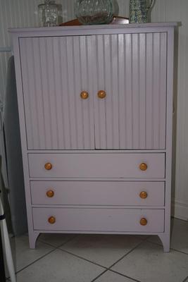 WAINSCOT CABINET WITH STORAGE ABOVE AND THREE DRAWERS
