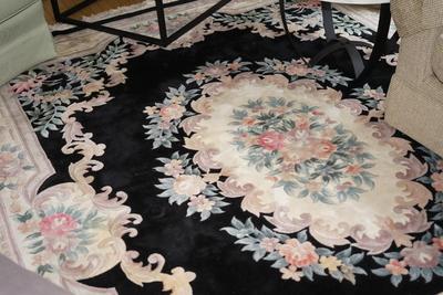 CHINESE STYLE ARE RUG OF 8' BY 10' BLACK BASE WITH FLORA CENTER AND BORDERS