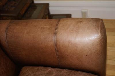 QUALITY MADE TWO CUSHION BROWN LEATHER SOFA WITH STRESSED LEATHER LOOK