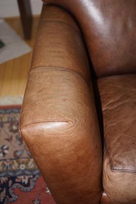 QUALITY MADE TWO CUSHION BROWN LEATHER SOFA WITH STRESSED LEATHER LOOK