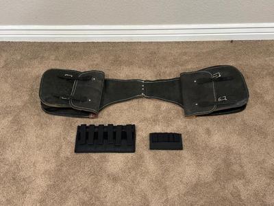 BLACK LEATHER SADDLE BAG AND MAGAZINE/SHELL POUCHES