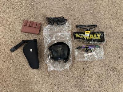 DEWALT SAFETY GLASSES, PISTOL HOLSTER, MAGAZINE HOLDER, HEARING AND EYE PROTECTION