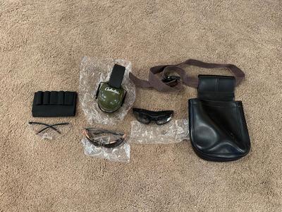 MAGAZINE HOLDER, CABELAS SAFETY EAR MUFFS, SAFETY GLASSES AND LEATHER BAG WITH BELT