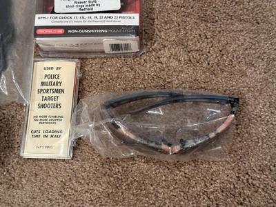 EAR PROTECTION, SAFETY GLASSES, GLOCK 19/23 THUMB BREAK SCABBARD AND GLOCK RPM-I MOUNT