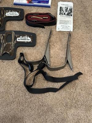 SPORT CLIMBERS TREE CLIMBERS, EAR MUFFS, SAFETY GLASSES, HUNTING BACK PACK AND USA TEAM PIN