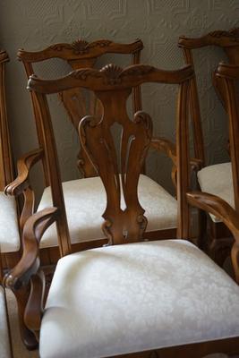 CHIPPENDALE STYLE DINING CHAIRS SET OF SIX / WITH CARVING/IVORY COLORED DAMASK UPHOLSTERED SEAT