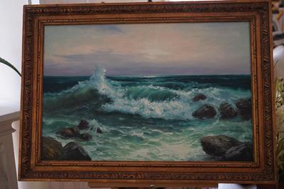 SEASCAPE OIL ON CANVASE IN GESSO GOLD TONE PAINTED FRAME. - SIGNED