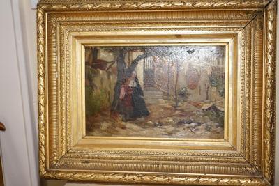 19TH CENTURY OIL PAINTING ON BOARD. DUTCH. NUN & YOUNG CHILD. IN PERIOD FRAME OF GESSO / GILDING.