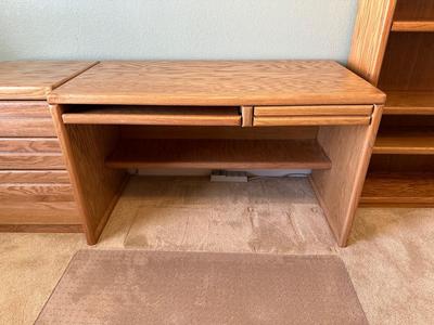 DESK WITH 3 DRAWER CHEST, CHAIR AND FLOOR MAT