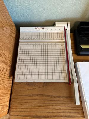 PAPER CUTTER, DESK ORGANIZER W/LAMP, LANDLINES AND MORE