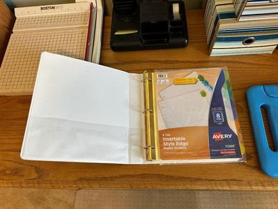 PAPER CUTTER, DESK ORGANIZER W/LAMP, LANDLINES AND MORE