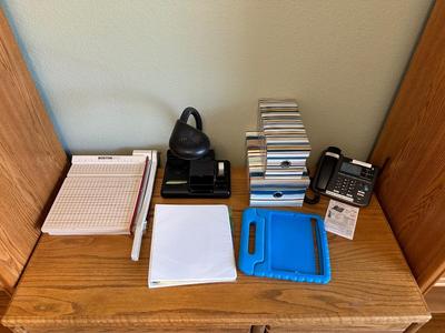 PAPER CUTTER, DESK ORGANIZER W/LAMP, LANDLINES AND MORE