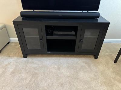 BLACK MEDIA STAND W/2 GLASS FRONT CABINETS