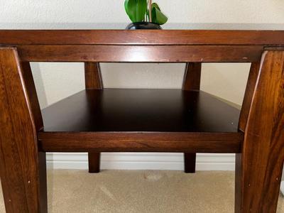 2 TIER END TABLE AND A FAUX ORCHID