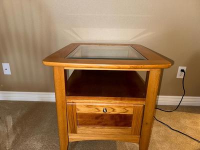 2 TIER GLASS TOP END TABLE WITH A DRAWER