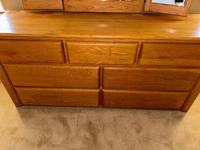 WOODLEY'S SOLID OAK 7 DRAWER DRESSER WITH TRIPLE MIRRORS