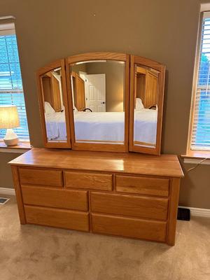 WOODLEY'S SOLID OAK 7 DRAWER DRESSER WITH TRIPLE MIRRORS