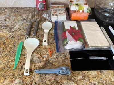 BEVERAGE CONTAINER W/SPIGOT, KITCHEN UTENSILS AND MORE