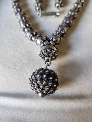 Signed Mexican Modernist Sterling Cannetille Lariat Necklace Set
