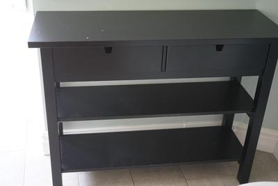 TWO DRAWER WOODEN SHELF TWO SHELVES AND TWO DRAWERS ON TOP. PAINTED BLACK