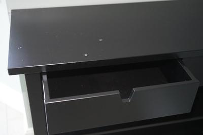 TWO DRAWER WOODEN SHELF TWO SHELVES AND TWO DRAWERS ON TOP. PAINTED BLACK